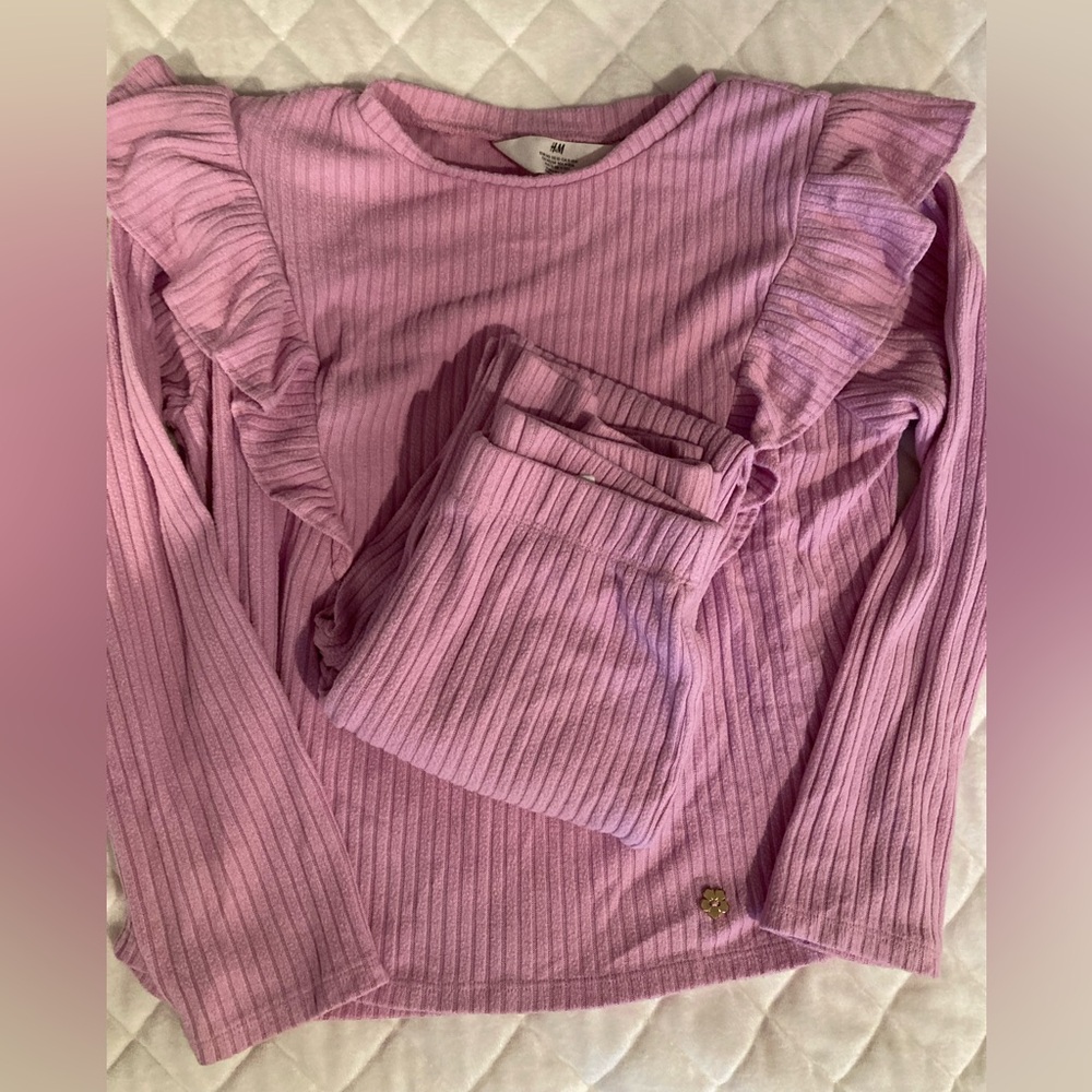 Darling Pink Ribbed Ruffled Long Sleeve Top and Flared Pants Set